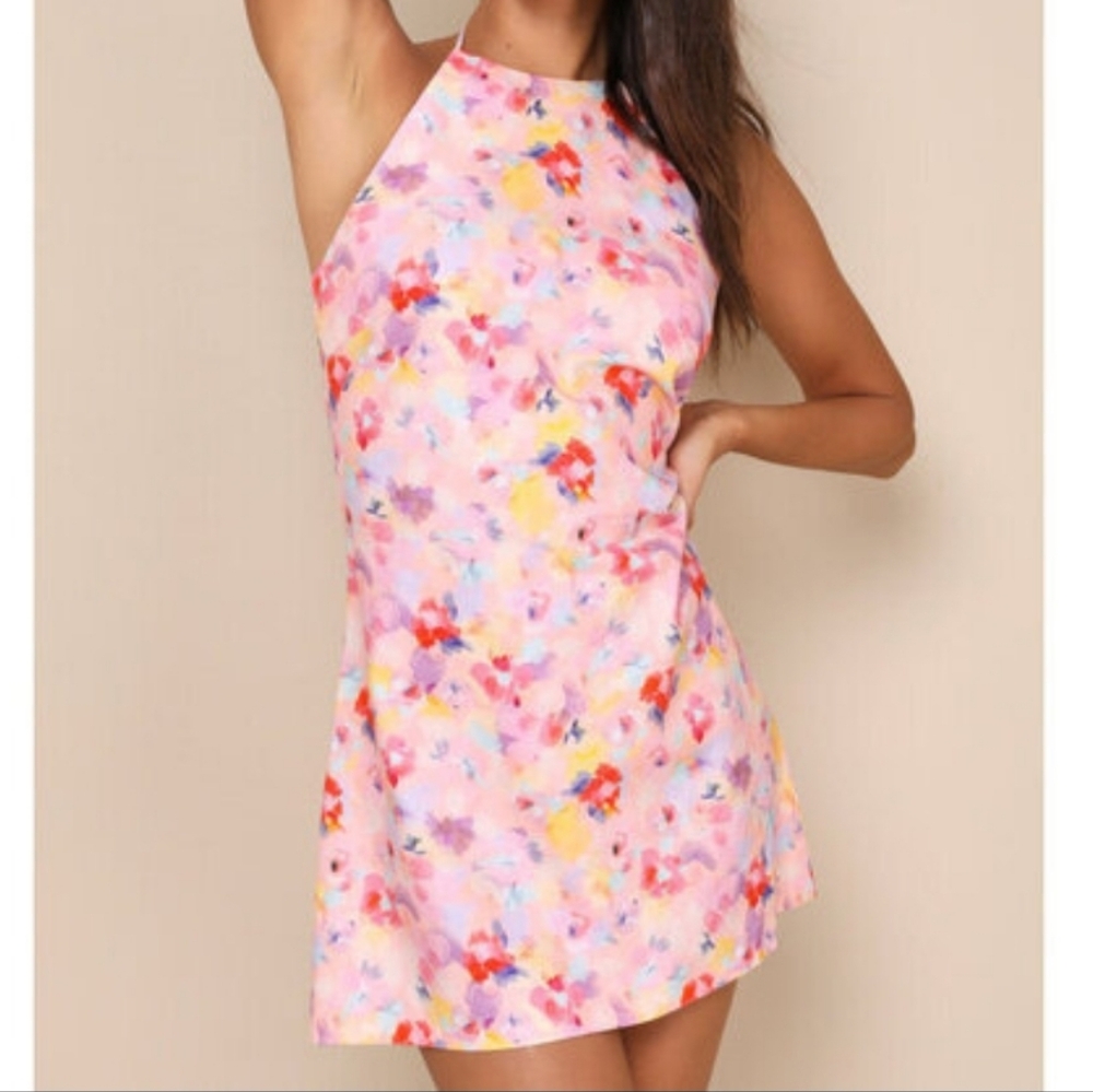 Lulus Tie Halter Mini Dress Pink Floral Pastel Size Small Vacation Summer Party